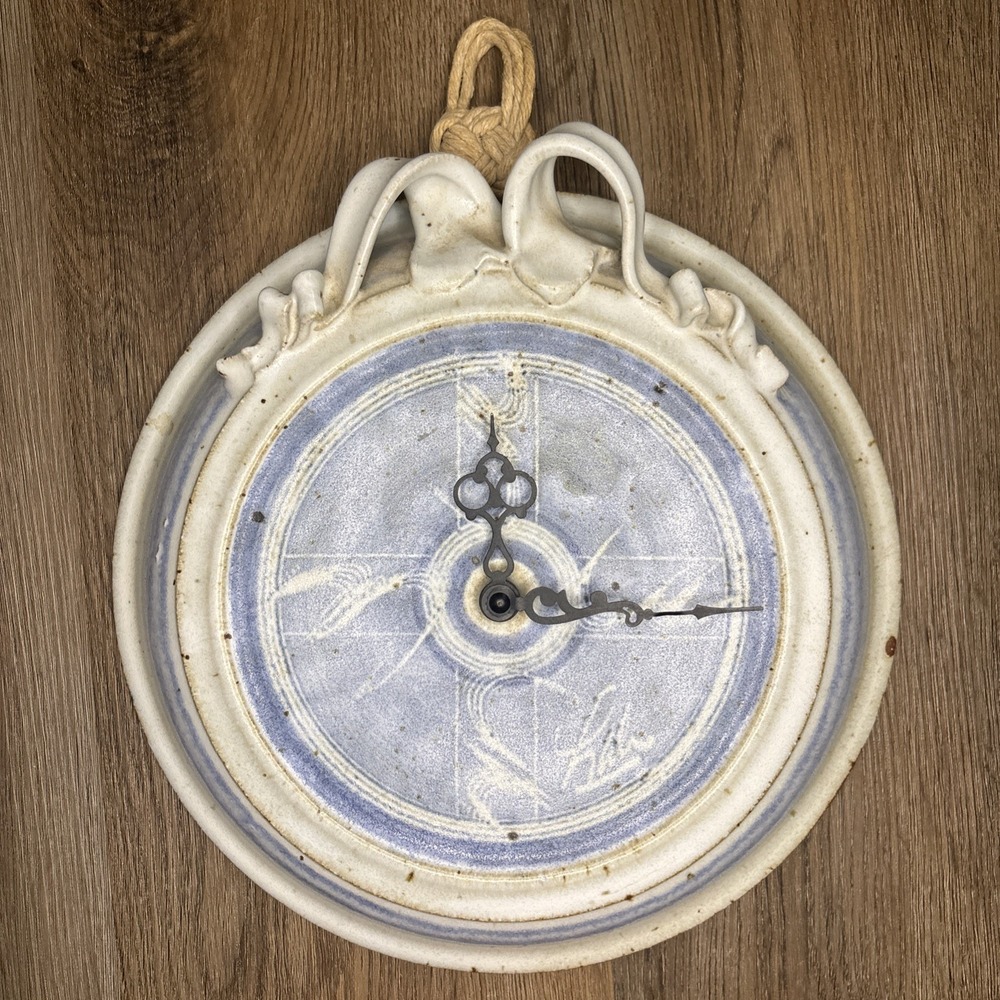 Handmade Pottery Pie Plate Wall Clock Blue Stoneware Kitchen Cottagecore Grandma